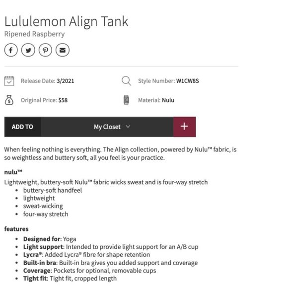 Lululemon Align Tank Ripened Raspberry  SZ 14 - Like new! - Picture 5 of 5